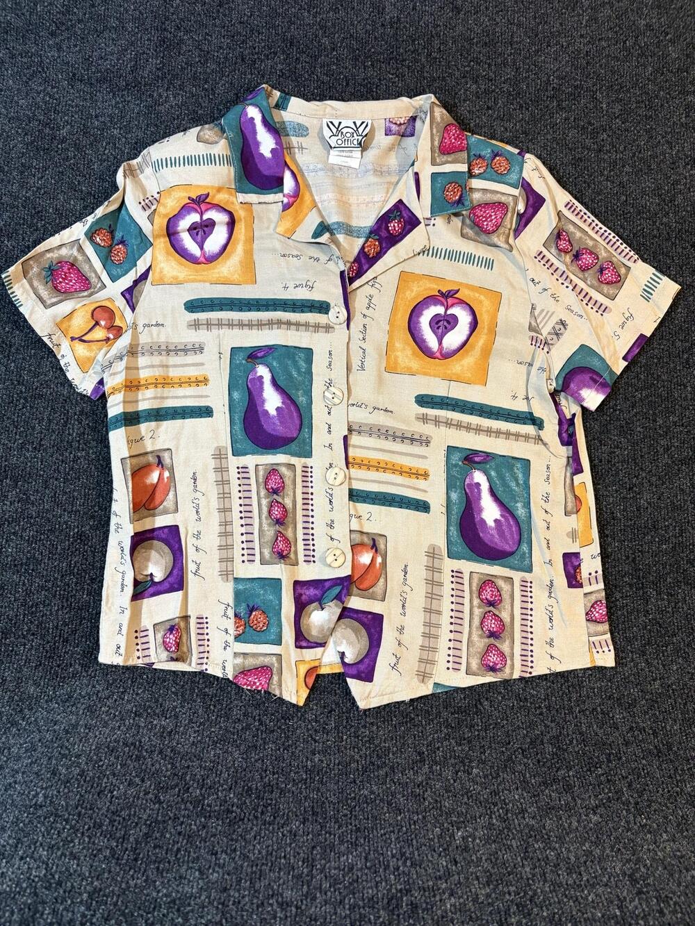Box Office Shirt Womens L Multicolor Fruit Print Rayon Button Up Retro Tie Back